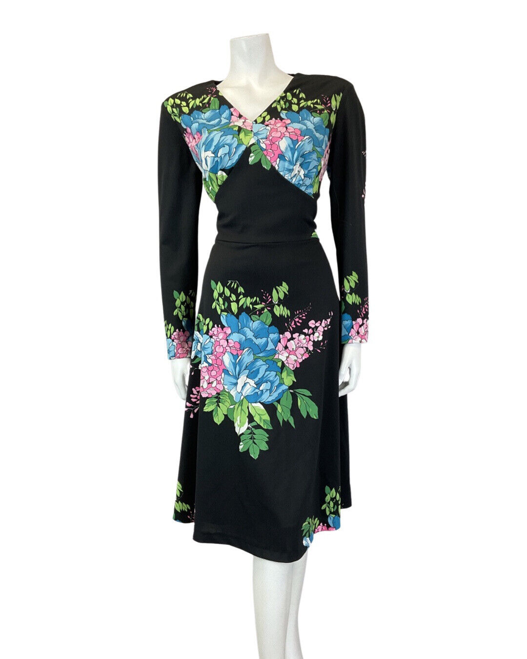 VINTAGE 60s 70s BLACK BLUE PINK FLORAL BOUQUET LONG SLEEVE MIDI DRESS 14 16