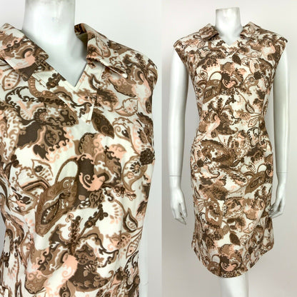 VTG 60s 70s WHITE BEIGE BROWN PINK FLORAL PAISLEY SLEEVELESS SHIFT DRESS 16 18