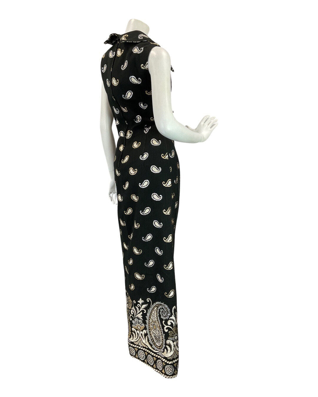 VTG 60s 70s BLACK SILVER GOLD PAISLEY DAGGER COLLAR SLEEVELESS MAXI DRESS 10 12