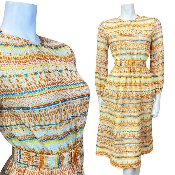 VINTAGE 60s 70s YELLOW BLUE ORANGE ANGLAISE EMBROIDERED STRIPED SHEER DRESS 4