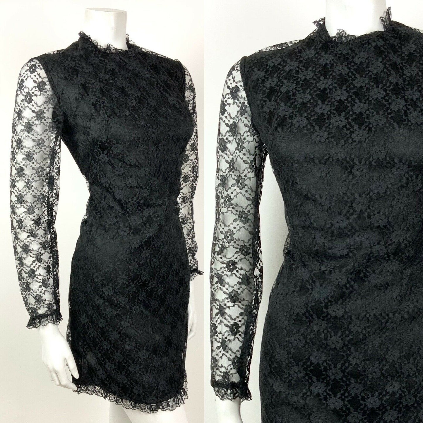 VINTAGE 60s 70s MOD BLACK FLORAL LACE RUFFLE COVEN GYPSY SHORT DRESS 8