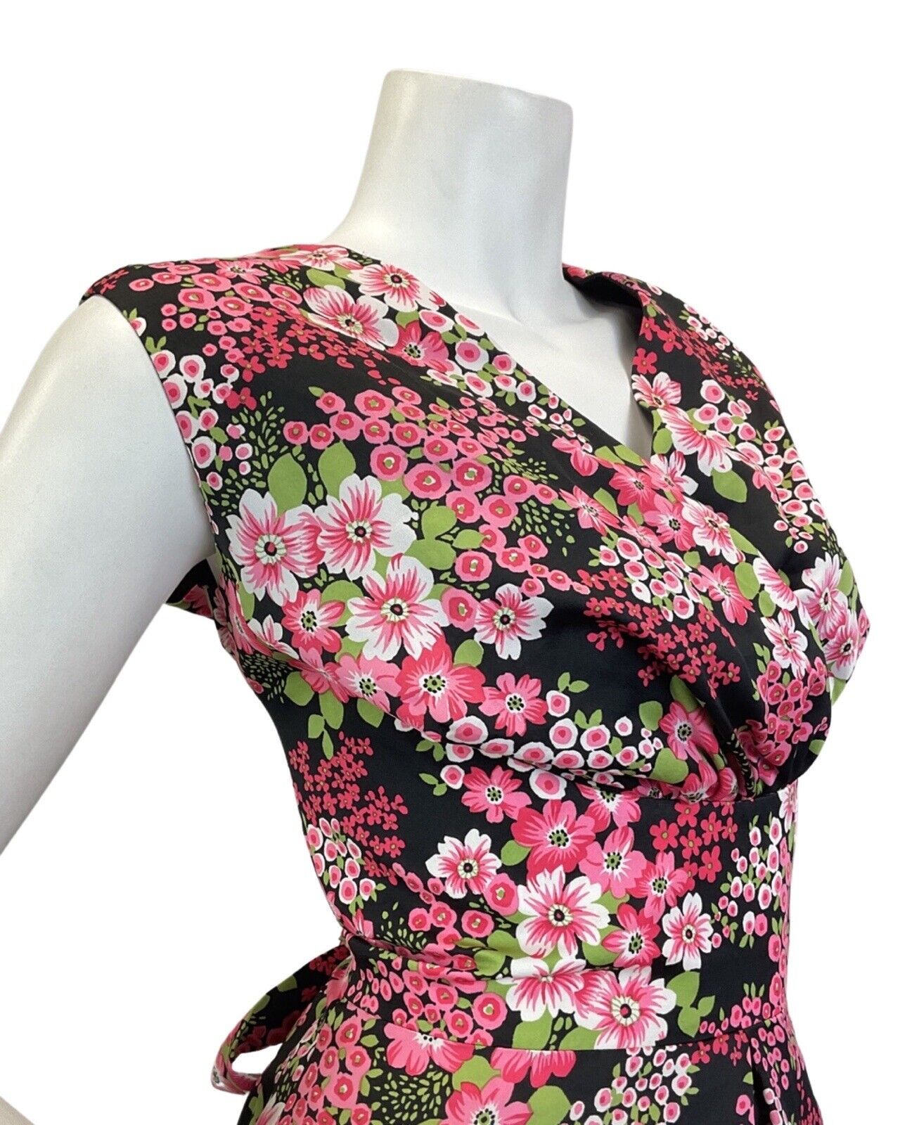 VINTAGE 70s BLACK PINK GREEN PSYCHEDELIC FLORAL SLEEVELESS MAXI DRESS 14 16