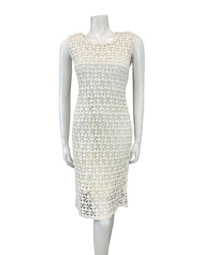 VINTAGE 60s 70s WHITE CROCHET KNITTED SLEEVELESS MOD SUMMER DRESS 10 12