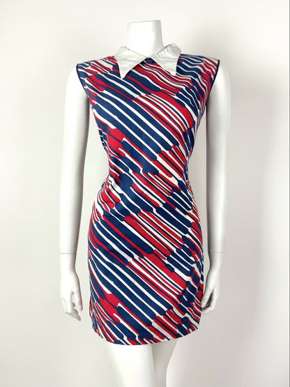 VINTAGE 60s 70s BLUE RED WHITE STRIPED DAGGER COLLAR MOD MINI SHIFT DRESS 8 10