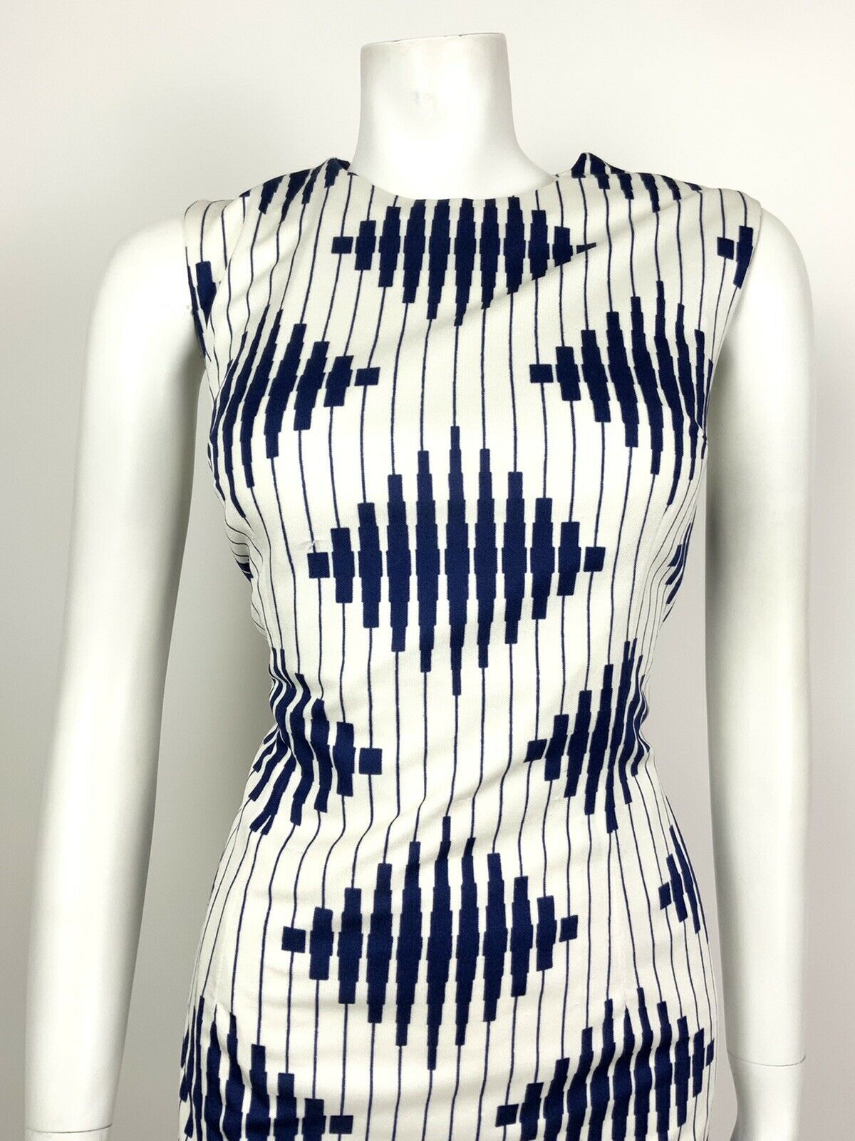 VINTAGE 60s 70s WHITE NAVY BLUE STRIPED DIAMOND GEOMETRIC WIGGLE DRESS 12 14