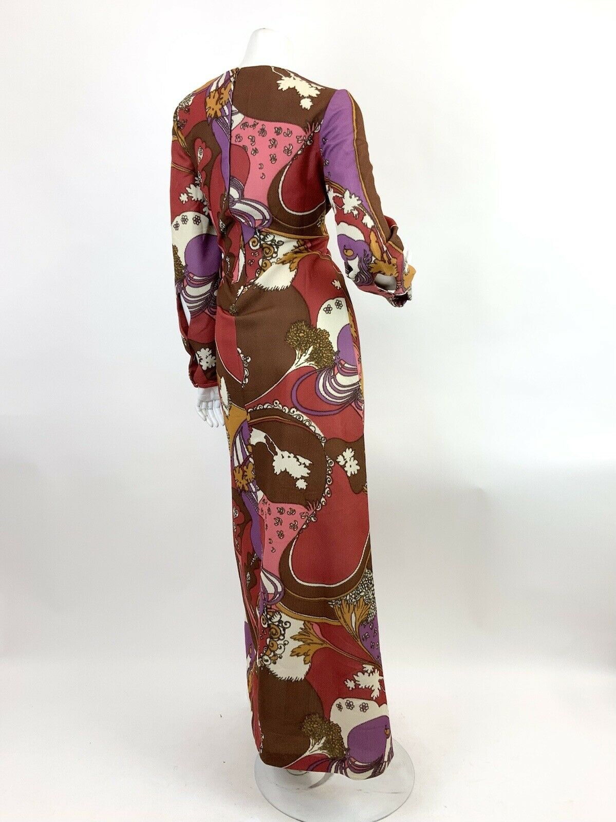 VINTAGE 60s 70s BROWN RED PINK PSYCHEDELIC SWIRL FLORAL MOD MAXI DRESS 10 12