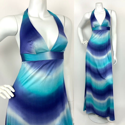 VINTAGE 60s 70s BLUE WHITE TURQUOISE WAVE TIE DYE HALTER MAXI DRESS 8