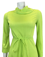 VINTAGE 60s 70s NEON GREEN LONG-SLEEVE SWING DRESS 6 8