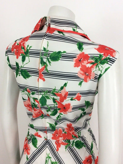 VINTAGE 70s FLORAL STRIPED SUMMER DRESS WHITE RED GREEN 12 14