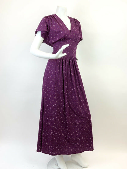 VINTAGE 60s 70s PLUM PURPLE BLUE GREEN SPECKLED FLUTTER SLEEVE MAXI DRESS 8 10