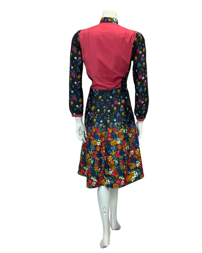 VINTAGE 60s 70s BLACK BURGUNDY BLUE ORANGE FLORAL PRINT FOLK BIB DRESS 12