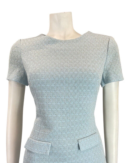 VINTAGE 60s 70s BABY BLUE SILVER GEOMETRIC CHECKED MOD PARTY SHORT DRESS 14