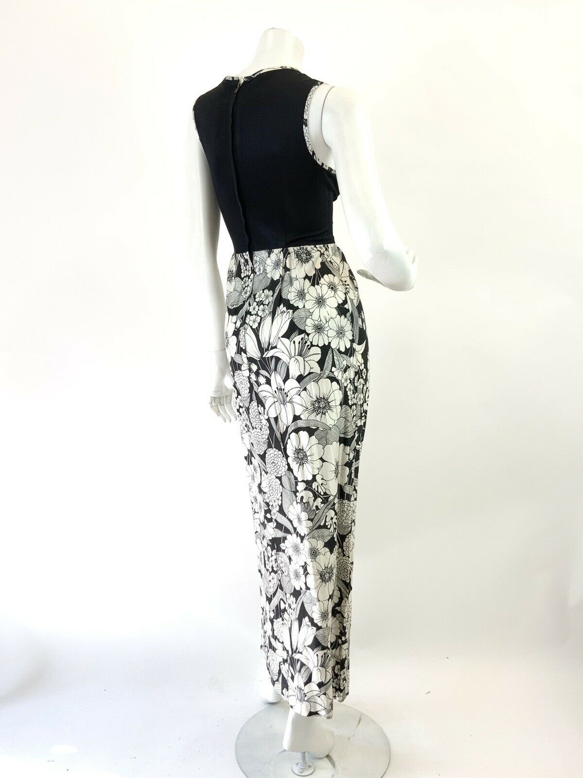 VINTAGE 60s 70s BLACK WHITE FLORAL PSYCHEDELIC MOD SLEEVELESS MAXI DRESS 8 10