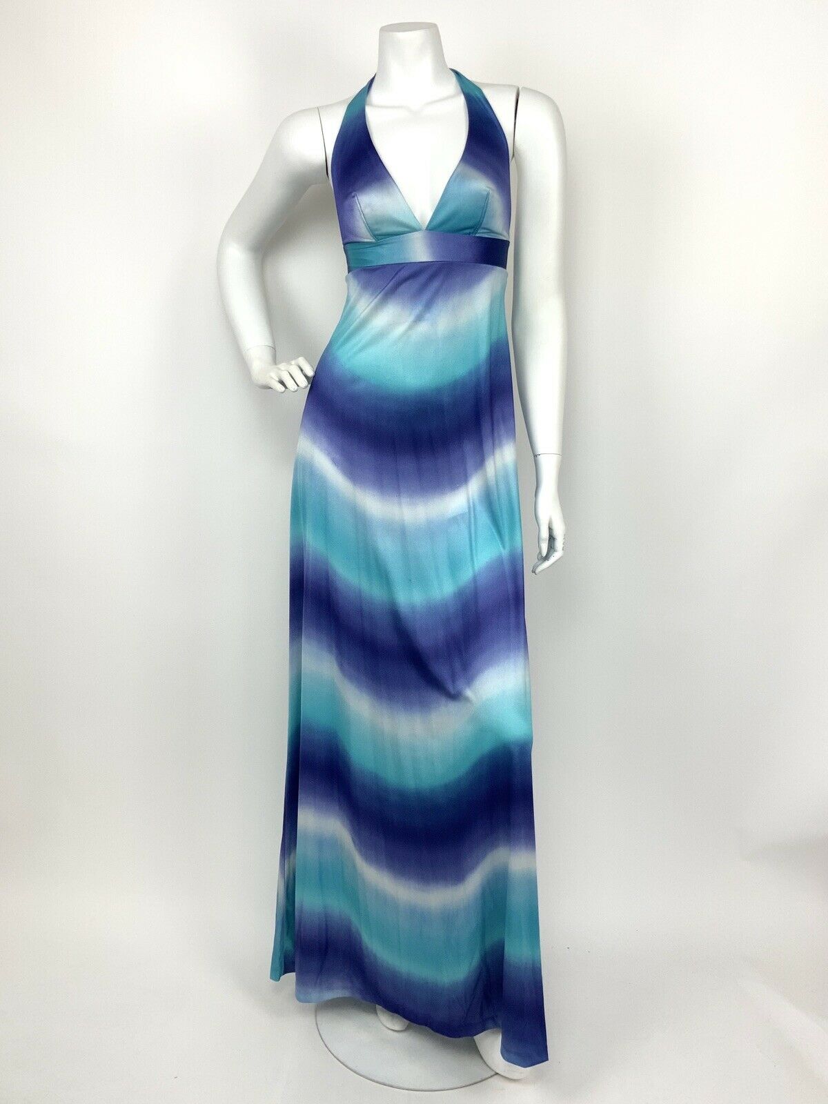 VINTAGE 60s 70s BLUE WHITE TURQUOISE WAVE TIE DYE HALTER MAXI DRESS 8