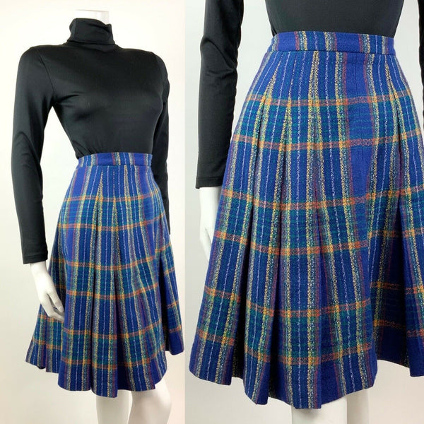 Vintage 1960s 60s 50s Girls Blue Plaid Floral Full Skirt Border Print XS  XXS 0