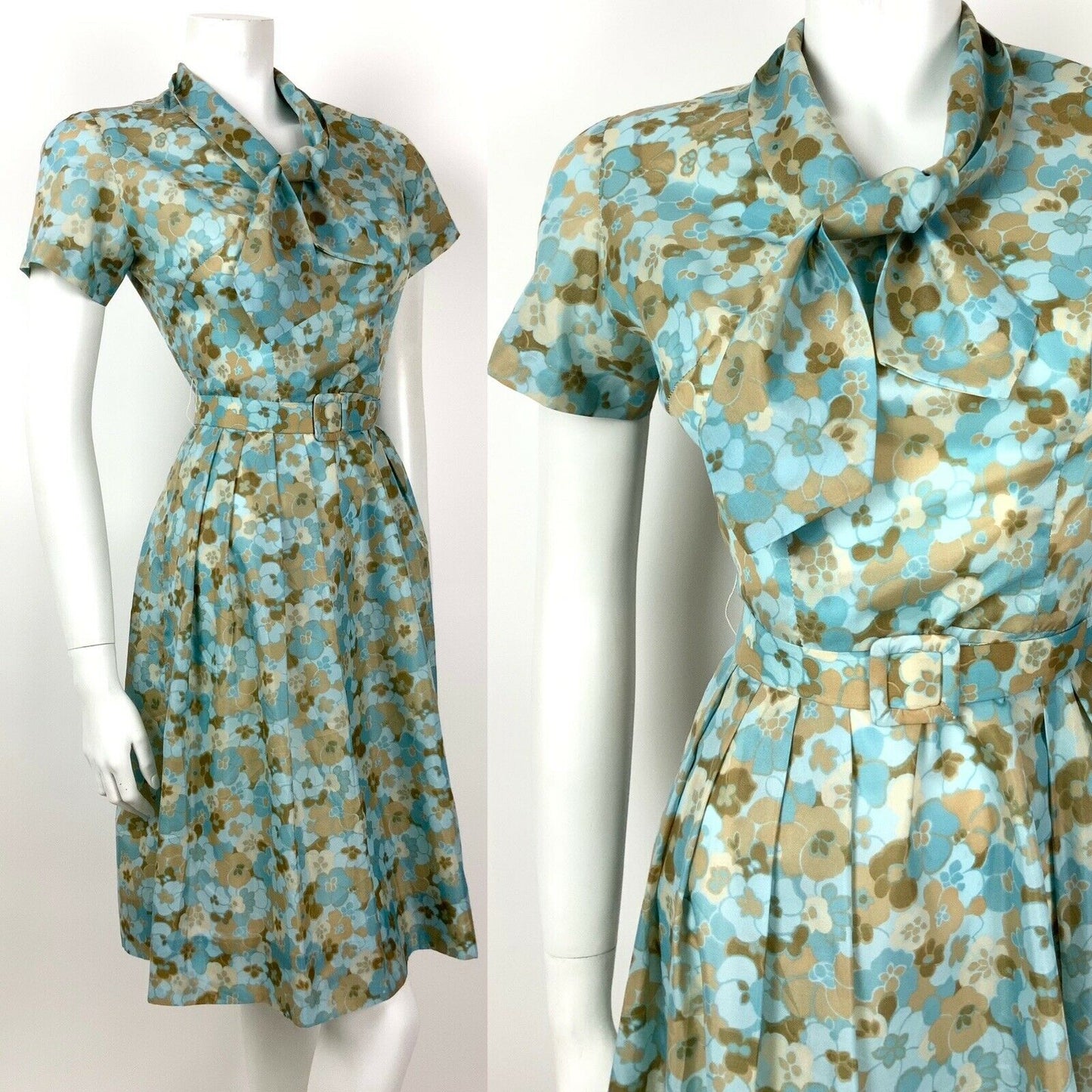 VTG 50s 60s BLUE BEIGE BROWN BELTED PSYCHEDELIC FLORAL PLEATED TEA DRESS 10