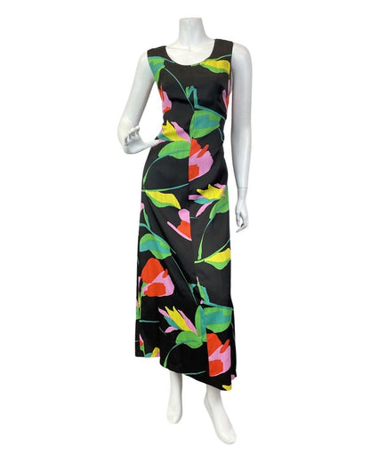 VINTAGE 60s 70s BLACK RED GREEN FLORAL LEAFY SLEEVELESS MOD MAXI DRESS 10 12