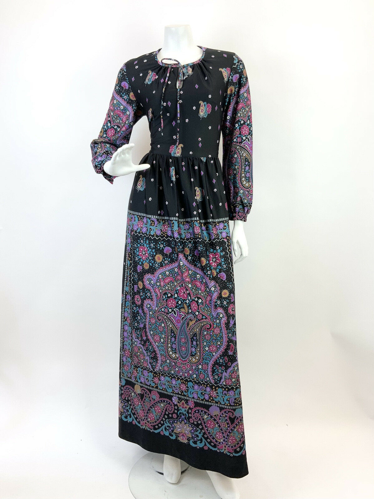 VINTAGE 60s 70s BLACK PURPLE PINK BLUE FLORAL PAISLEY BOHO FOLK MAXI DRESS 10 12