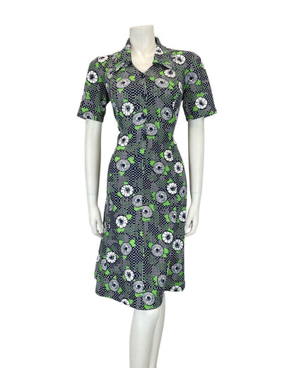 VINTAGE 60s 70s NAVY BLUE GREEN WHITE FLORAL DOTTY MOD SHIRT DRESS 12 14