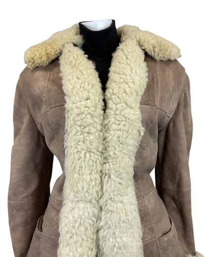 VINTAGE 60s 70s PEANUT BROWN CREAM SUEDE BOHO PENNY LANE SHEARLING COAT 14 16