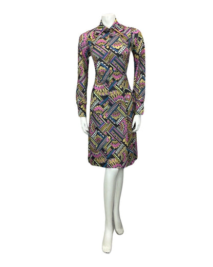 VINTAGE 60s 70s BLACK PURPLE BLUE GREEN PSYCHEDELIC MOD MIDI DRESS 8 10