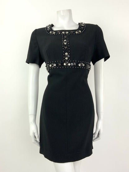 VINTAGE 60s BLACK SILVER BEADED DIAMANTE PARTY GLAM SHIFT DRESS 10 12