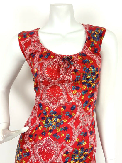 VINTAGE 60s 70s RED BLUE WHITE FLORAL DOTTY HIPPY FOLK GYPSY SHIFT DRESS 12 14