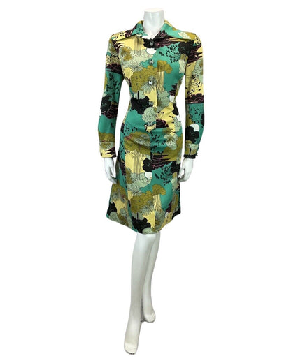 VINTAGE 60s 70s PASTEL YELLOW GREEN BOTANICAL PRINT MIDI DRESS 16