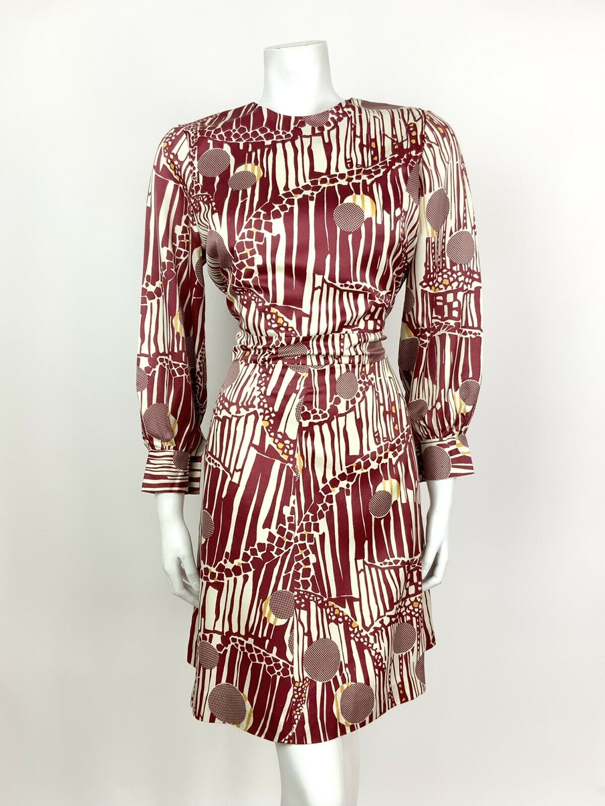 VINTAGE 60s 70s CHERRY RED WHITE GOLD GEOMETRIC PSYCHEDELIC DRESS 12 14