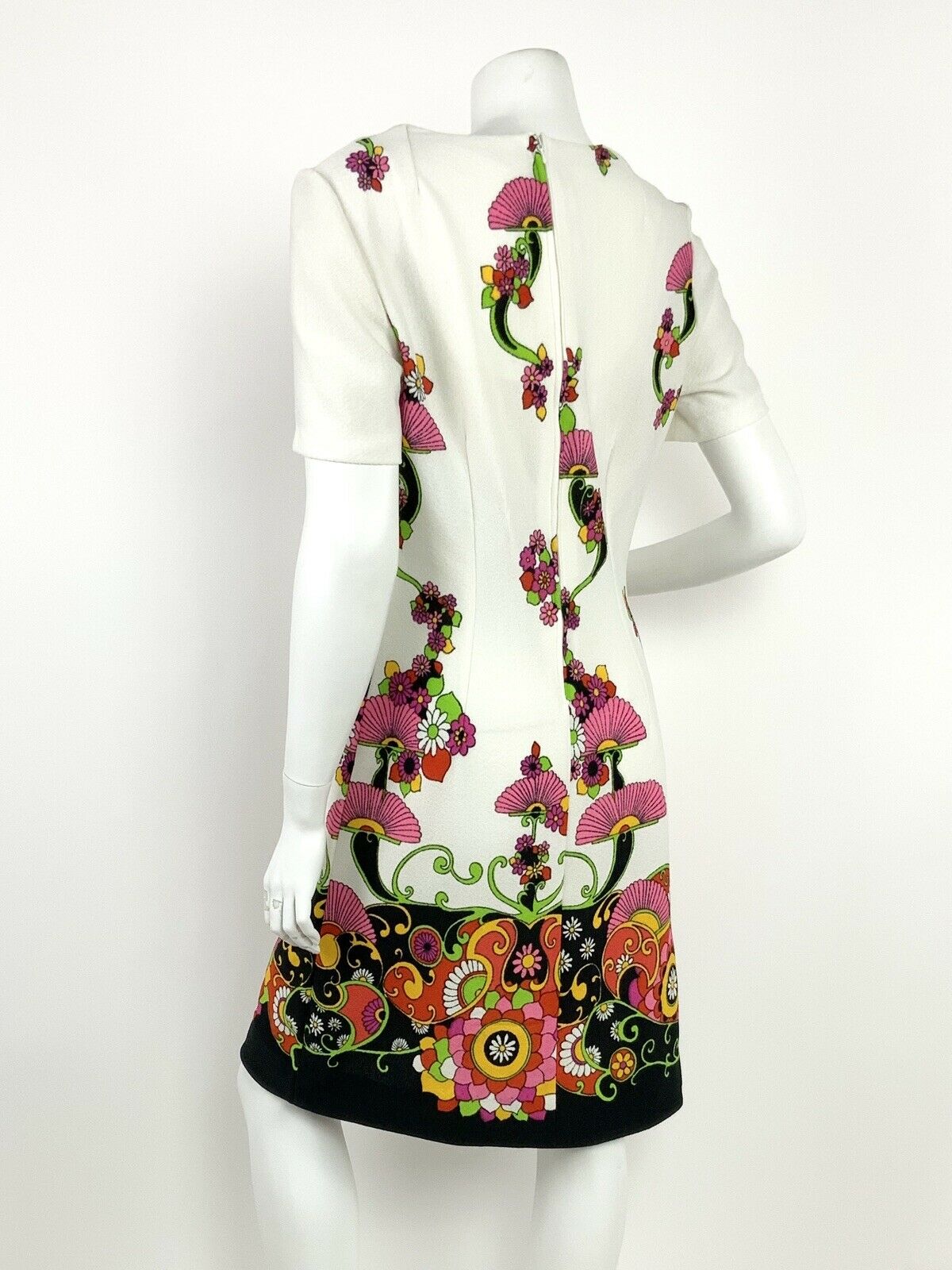 VTG 60s 70s WHITE BLACK PINK YELLOW RED FLORAL PSYCHEDELIC PAISLEY DRESS 12 14