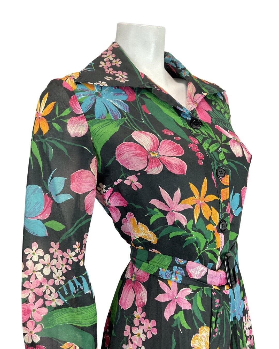 VINTAGE 60s 70s BLACK PINK GREEN FLOWER FERN PLEATED MOD BELTED SHIRT DRESS 8 10