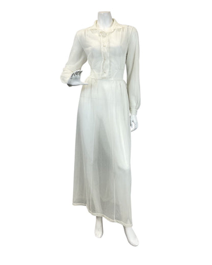 VINTAGE 60s 70s CREAM WHITE EMBROIDERED SHIRT PRAIRIE SHEER MAXI DRESS 10 12