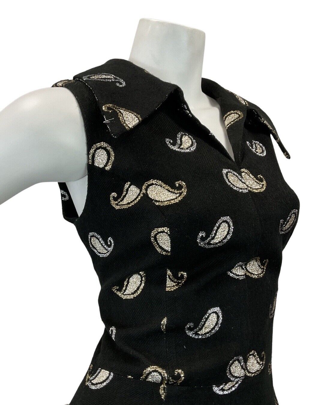 VTG 60s 70s BLACK SILVER GOLD PAISLEY DAGGER COLLAR SLEEVELESS MAXI DRESS 10 12