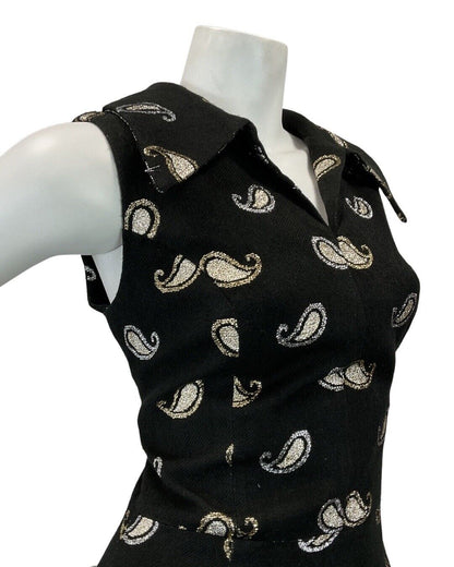 VTG 60s 70s BLACK SILVER GOLD PAISLEY DAGGER COLLAR SLEEVELESS MAXI DRESS 10 12