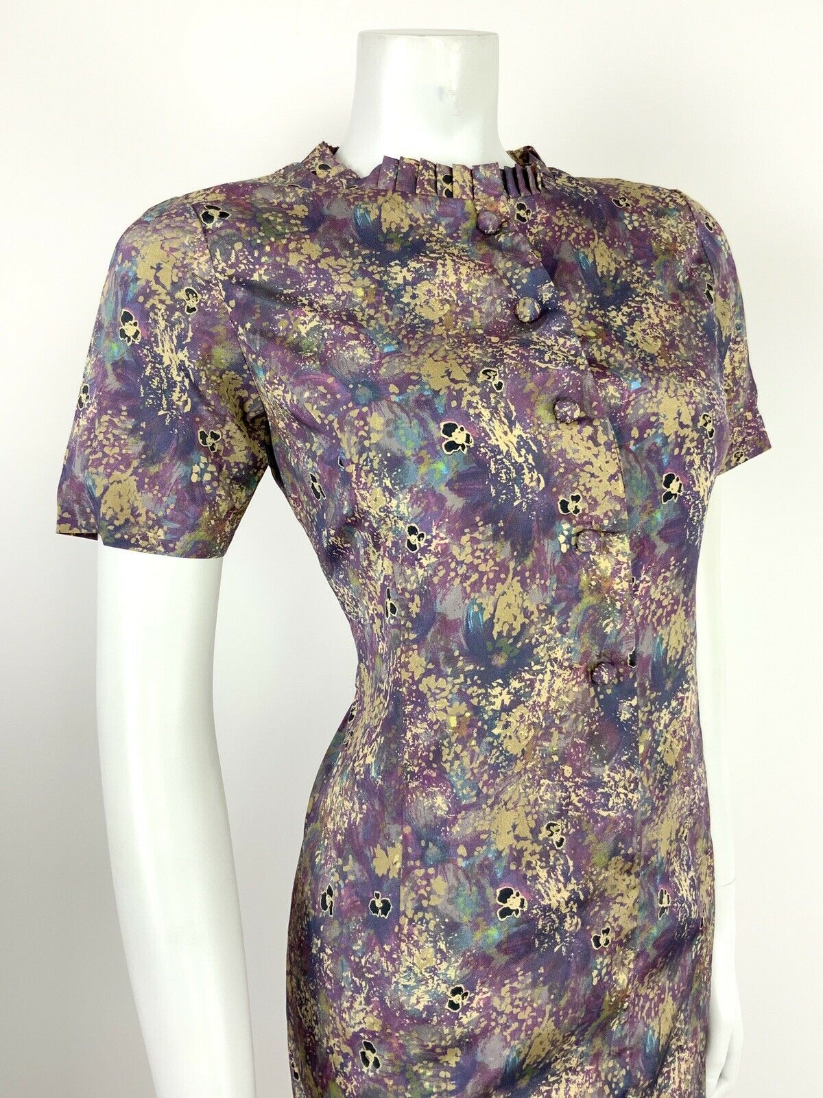 VTG 60s 70s PURPLE BLUE GREEN GOLD FLORAL WATERCOLOUR BATIK SHIFT DRESS 8 10