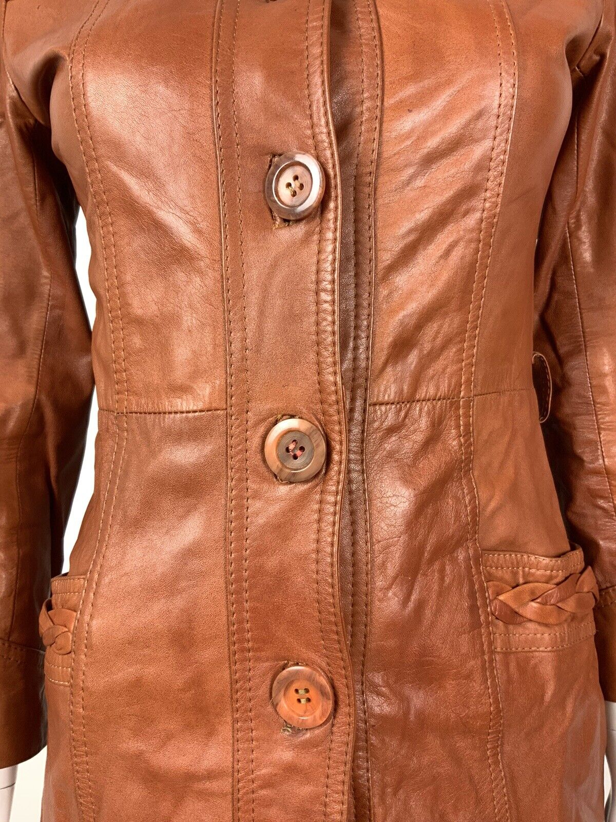 VTG 60s 70s TAN ORANGE BROWN DAGGER COLLAR MOD LONG LEATHER COAT 6 8