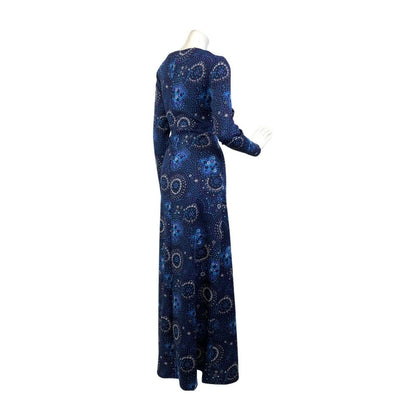 VTG 60s 70s BLUE PURPLE WHITE PSYCHEDELIC FLORAL DITSY MANDALA MAXI DRESS 10 12