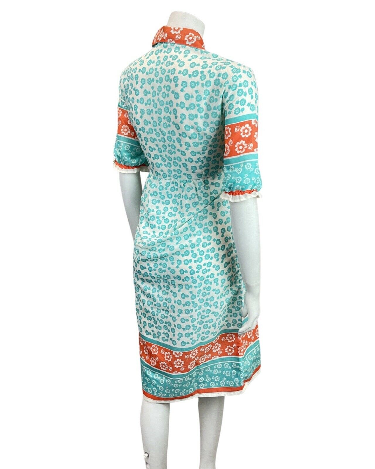 VINTAGE 60s 70s BLUE ORANGE WHITE FLORAL DAISY PUFF SLEEVE MOD DRESS 14 16
