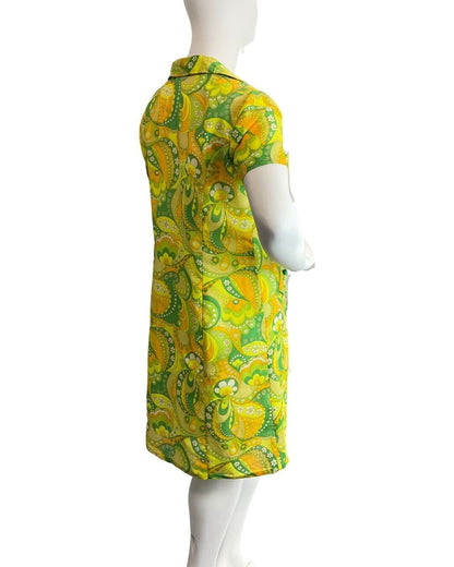 VINTAGE 60s 70s GREEN YELLOW ORANGE PSYCHEDELIC FLORAL SWIRL MOD SHIRT DRESS 16