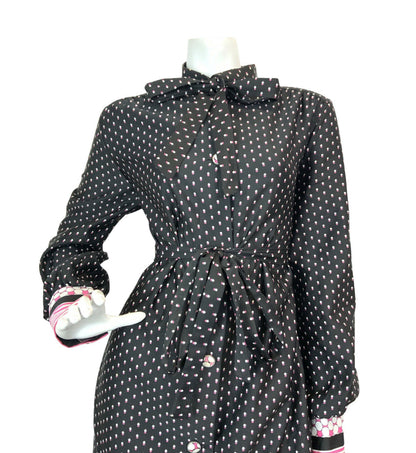 VINTAGE 60s 70s BLACK WHITE PINK HALFTONE DOTTY PUSSYBOW SHIRT MAXI DRESS 12 14