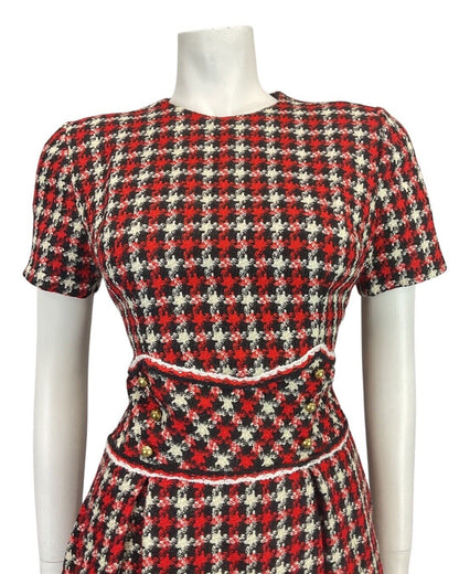 VINTAGE 60s 70s RED BLACK WHITE PLAID CHECKED MOD MINI WOOL DRESS 12