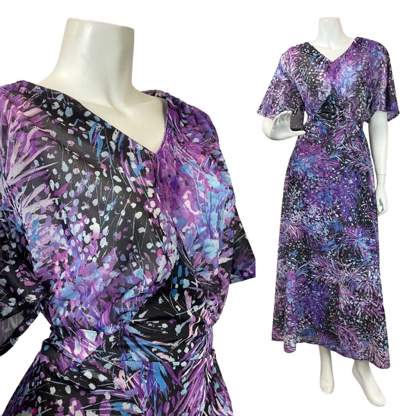 VINTAGE 60s 70s PURPLE BLUE BLACK PSYCHEDELIC FLORAL SHEER MAXI DRESS 18 20