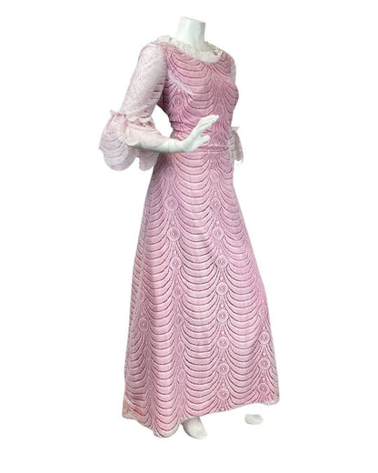 VINTAGE 60s 70s PINK WHITE LACE RUFFLED FLOUNCE SLEEVE PRAIRIE MAXI DRESS 14 16