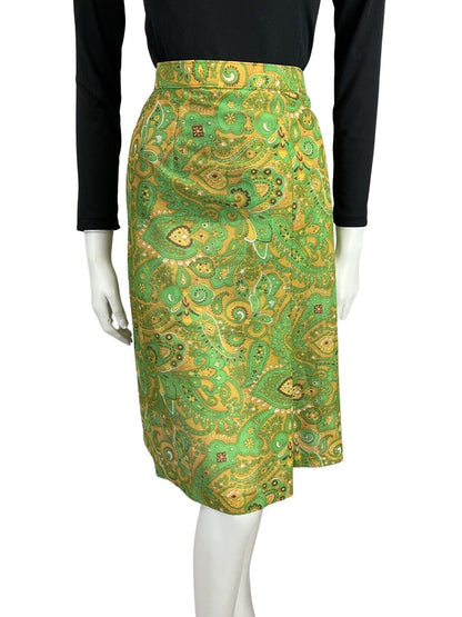 VINTAGE YELLOW GREEN PAISLEY PRINT PSYCHEDELIC KNEE LENGTH 60s 70s SKIRT 14