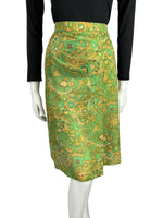 VINTAGE YELLOW GREEN PAISLEY PRINT PSYCHEDELIC KNEE LENGTH 60s 70s SKIRT 14