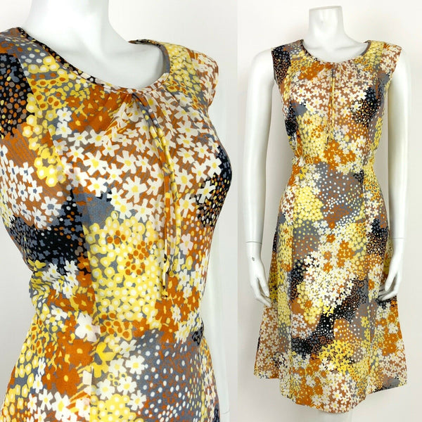 VTG 60s 70s BLACK WHITE GREY YELLOW ORANGE FLORAL PATCHWORK SHIFT DRESS 12 14