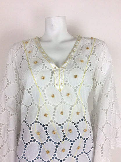 VTG 60s 70s WHITE ETHNIC PEASANT TOP WATERFALL CAPE SLEEVE LACE EYELET 10 12 14