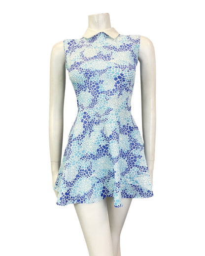 VINTAGE 60s BLUE WHITE GEOMETRIC PSYCHEDELIC MOD MICRO MINI SWING DRESS 8