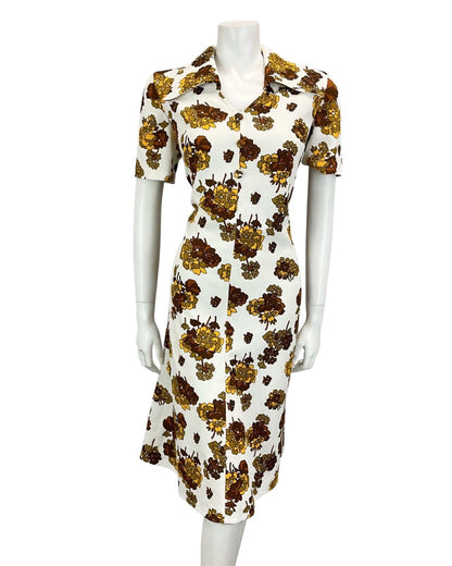 VINTAGE 60S 70S WHITE BROWN MUSTARD FLORAL AUTUMNAL MINI DRESS 14 16