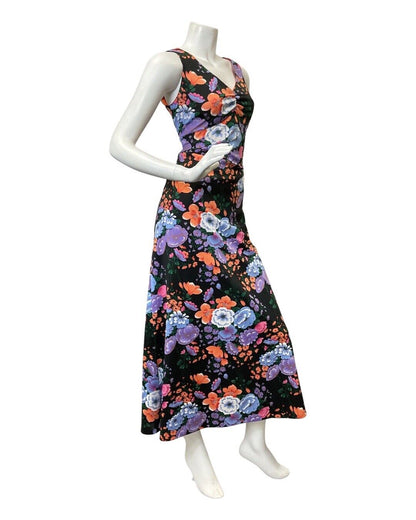 VNITAGE 60s 70s BLACK ORANGE PURPLE FLORAL DITSY SUMMER SLEEVELESS MAXI DRESS 12